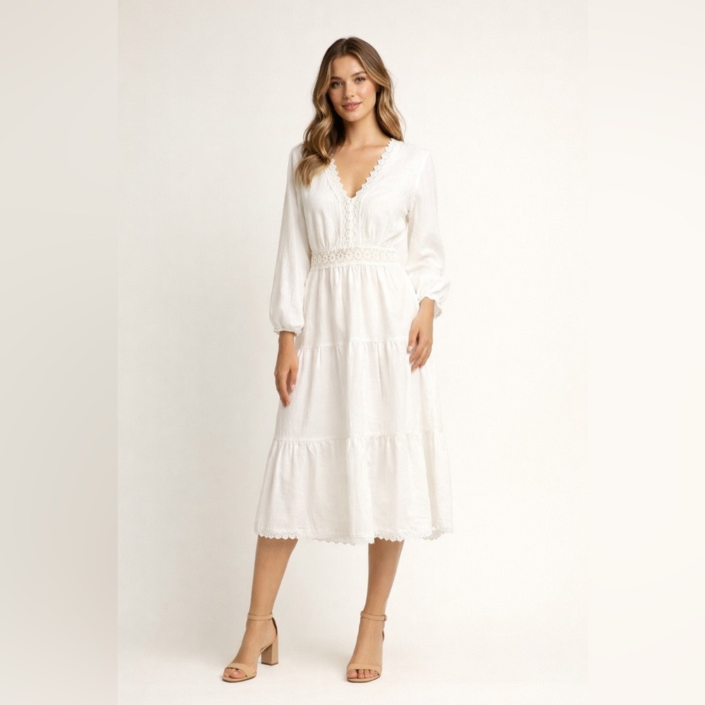 SHEIN White Lace Detail Midi Dress Balloon Sleeve Boho Wedding Dress Bridal